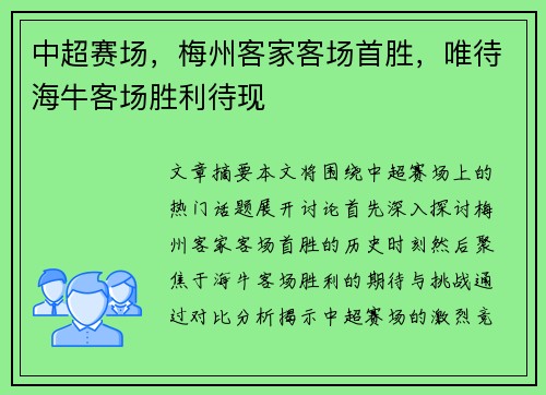 中超赛场，梅州客家客场首胜，唯待海牛客场胜利待现