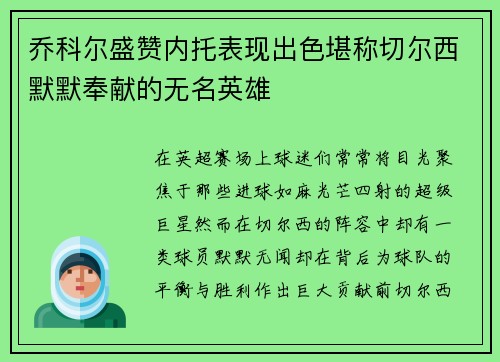 乔科尔盛赞内托表现出色堪称切尔西默默奉献的无名英雄